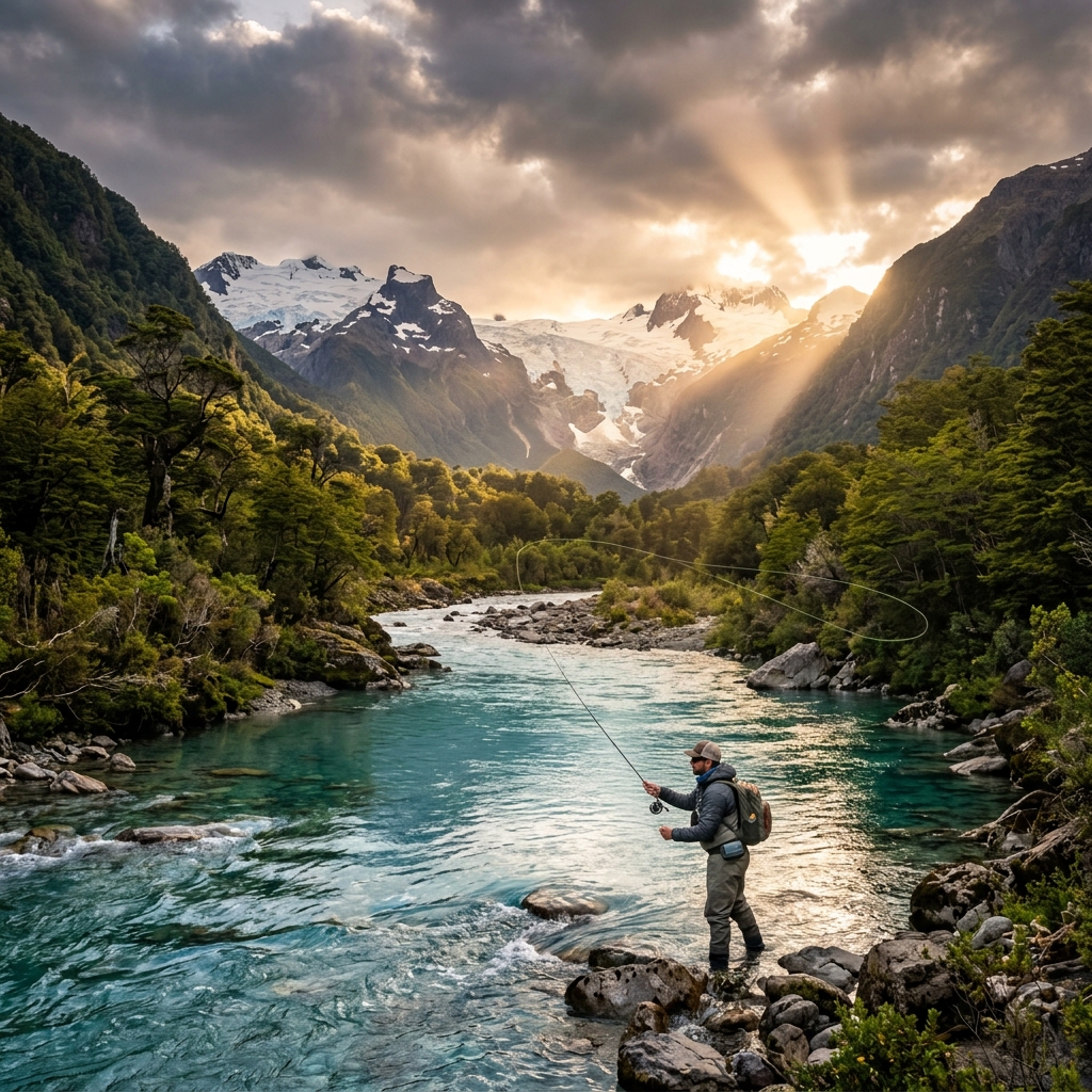 Río prístino de la Patagonia chilena rodeado de bosques y montañas glaciales